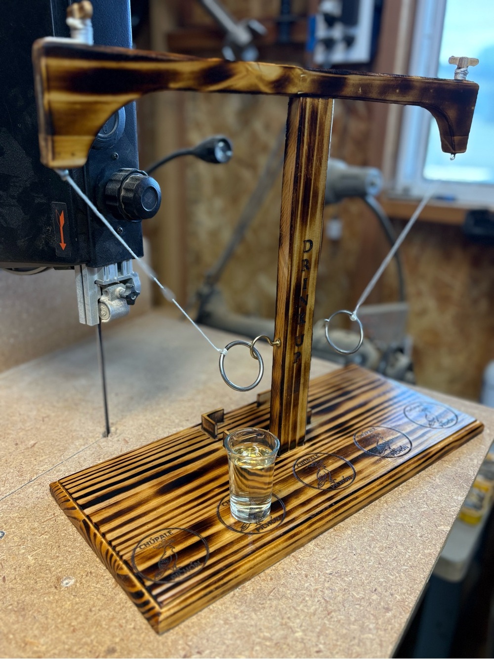 Handmade Burnt Wood Shot Glass Game Stand - Brown